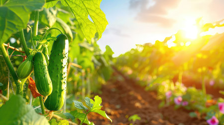 A close-up view of fresh cucumbers growing on a vine in a lush agricultural field. The scene is illuminated by warm sunlight, showcasing vibrant green leaves and a peaceful landscape at sunrise.の素材