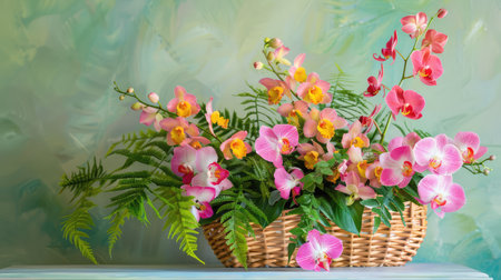This stunning floral arrangement features vibrant orchids in pink and yellow, beautifully displayed in a wicker basket against a soft green background.の素材