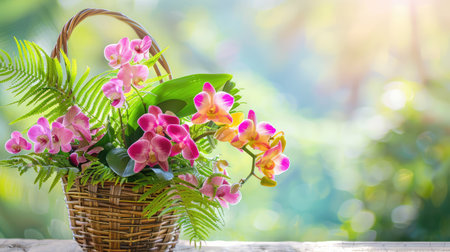 This stunning image features a vibrant arrangement of orchids in a woven basket, enhanced by lush greenery and soft natural light, perfect for floral decoration.の素材
