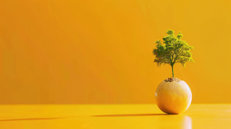 A small green tree emerges from a decorative planter on a vibrant yellow background, symbolizing growth and creativity in modern life. Perfect for eco-themed projects.の素材