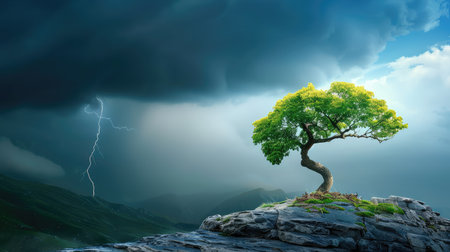 A solitary tree stands resilient on a rocky outcrop beneath a moody stormy sky. Dramatic lightning arcs across dark clouds, showcasing nature's power and beauty.の素材