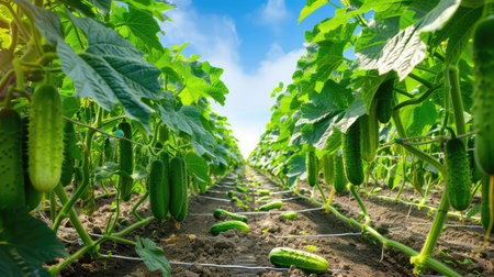 A serene view of healthy cucumber plants thriving in a bright agricultural field, showcasing vibrant green foliage and ripe cucumbers ready for harvest.の素材