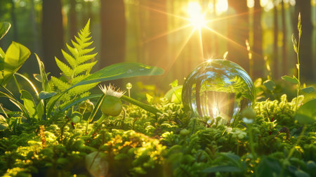 A captivating forest scene showcasing sunlight filtering through trees, illuminating a crystal sphere resting on lush greenery, evoking tranquility.の素材