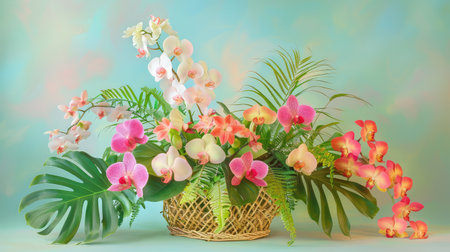 A stunning floral arrangement featuring vibrant orchids in shades of pink and white, beautifully paired with lush greenery in a decorative basket, perfect for enhancing any space.の素材