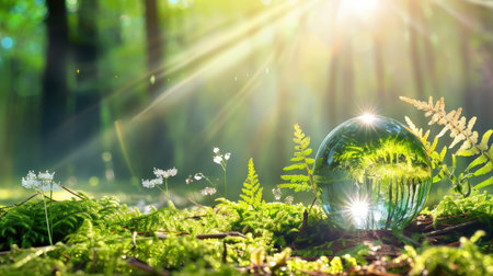 This enchanting image captures a serene forest environment with a crystal sphere that reflects vibrant plant life and soft sunlight rays. A true nature escape.の素材