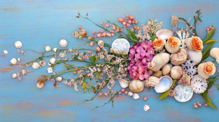 An artistic display of vibrant flowers and shells arranged beautifully on a blue wooden surface, capturing warmth and nature's elegance. Perfect for seasonal themes.の素材