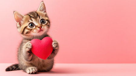 This heartwarming image captures a cute kitten holding a red heart against a soft pink background, symbolizing love and affection for pets.の素材