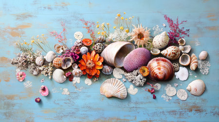 This beautiful arrangement features an array of seashells and dried flowers against a soft blue background, perfect for summer or beach-themed projects.の素材