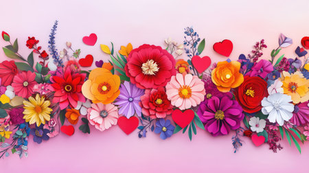 A stunning collection of colorful flowers alongside vivid hearts, creating a whimsical atmosphere perfect for various celebrations and romantic moments.の素材