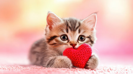 This charming image features an adorable kitten holding a heart-shaped toy, set against a soft, pastel background. The scene radiates love and warmth.の素材