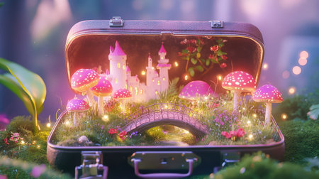 This whimsical image features a suitcase transformed into a magical scene with a miniature castle, vibrant mushrooms, and a charming bridge, evoking adventure and imagination.の素材