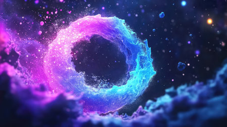 A vibrant and colorful abstract design showcasing a cosmic circle filled with bright stars and energetic waves, perfect for creative projects.の素材