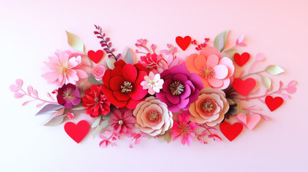 A stunning paper floral arrangement featuring vibrant colors, hearts, and intricate designs, perfect for celebrating love and adding charm to decor.の素材