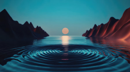 A stunning view of a tranquil sunset over calm waters, creating gentle ripples. The majestic mountains along the horizon evoke a sense of peace and serenity.の素材