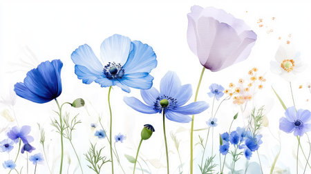 A stunning collection of delicate flowers in soothing shades of blue and purple set against a bright white backdrop, perfect for nature-themed design projects.の素材