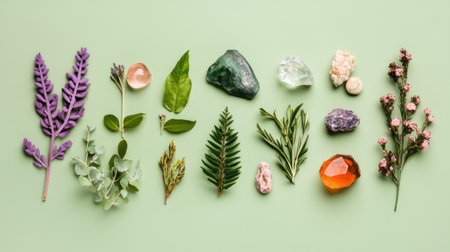 This image captures a beautiful layout of various plants and crystals, creating a peaceful and harmonious scene. Ideal for wellness themes, it invites tranquility.の素材
