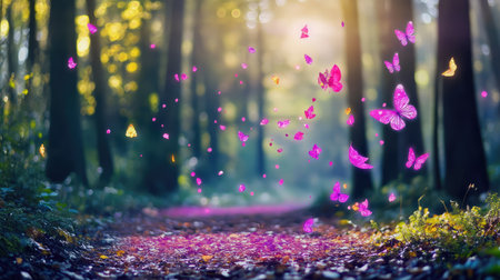 Discover a magical forest path illuminated by soft golden light with floating pink butterflies, creating a whimsical and serene atmosphere.の素材