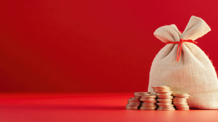 A canvas money bag sits beside a stack of coins on a vibrant red background, symbolizing wealth, finance, and investment opportunities.の素材