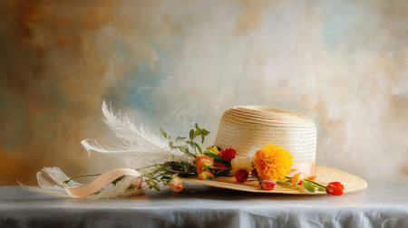 A stunning arrangement featuring an elegant straw hat embellished with bright flowers and feathers against a soft pastel backdrop, perfect for fashion themes.の素材