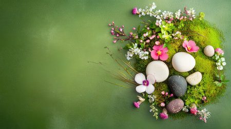 Explore an elegant still life featuring stones and vibrant flowers arranged on lush green moss. Perfect for themes of nature, tranquility, and spring inspiration.の素材