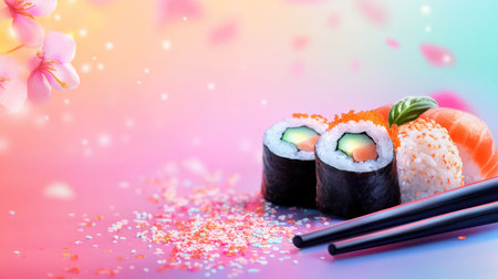 This photo showcases an exquisite sushi arrangement, featuring fresh ingredients and vibrant colors, complemented by a cherry blossom background, ideal for food lovers.の素材