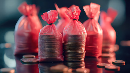 A captivating arrangement of colorful red bags filled with coins set against a blurred dark background, symbolizing wealth, saving, and financial growth.の素材