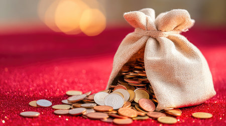 This captivating image features a small linen bag spilling various coins on a vibrant red glittery surface, symbolizing wealth and prosperity.の素材
