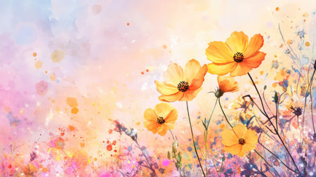 A stunning artistic representation of vibrant orange flowers set against a soft, colorful background, capturing the essence of beauty and springtime charm.の素材