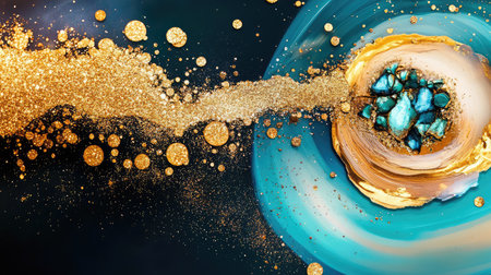 A stunning abstract artwork featuring vibrant colors, dynamic brush strokes, and rich textures, showcasing gold glitter and turquoise stones creatively blended.の素材