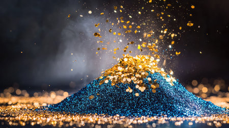 A stunning close-up image of a vibrant blue and gold glitter pile, capturing the magical sparkle and shimmer against a dark background, perfect for celebrations.の素材