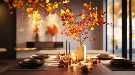 Experience the warmth of autumn with this cozy dining table setting featuring vibrant leaves, elegant decor, and soft candlelight perfect for gathering.の素材