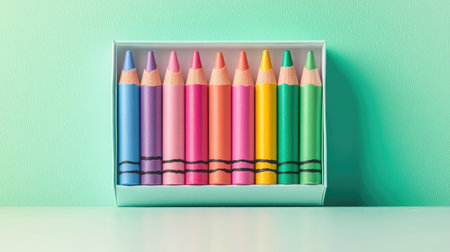 A set of vibrant crayons arranged neatly in an open box against a soothing teal background. Ideal for art projects and enhancing creativity in both children and adults.の素材