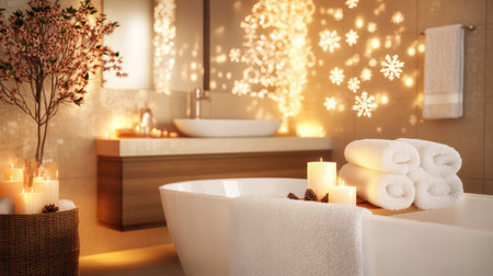 This serene spa bathroom captures the essence of relaxation with soft lighting, warm candles, and plush towels, creating an inviting space for ultimate comfort.の素材