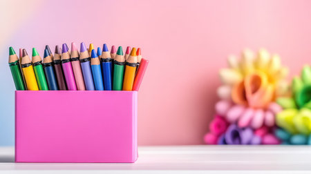 A vibrant collection of colorful crayons arranged in a pink box, set against a soft pastel background adorned with decorative flowers, perfect for educational themes.の素材