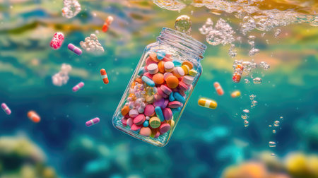A vibrant glass jar filled with colorful tablets and capsules floats gracefully in an underwater scene, creating a captivating visual of health and wellness.の素材
