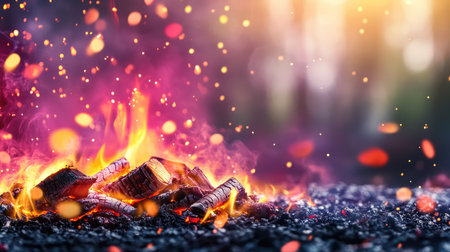 This captivating image showcases vibrant flames and glowing embers, offering a warm and inviting atmosphere perfect for outdoor gatherings and camping adventures.の素材