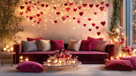 A cozy living room perfect for romantic occasions, featuring heart decorations, soft lighting, elegant floral arrangements, and a warm ambiance.の素材