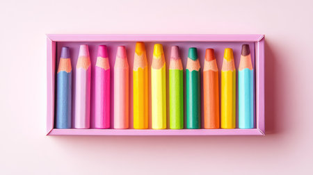 A colorful array of crayon pencils arranged neatly in a pink tray, featuring various shades on a soft pink background, perfect for art lovers.の素材