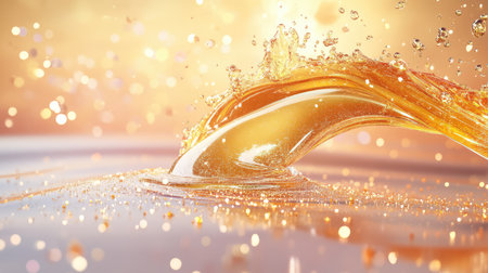 A stunning visual of golden liquid flowing dynamically, adorned with sparkling bubbles against a radiant background, evoking feelings of elegance and luxury.の素材