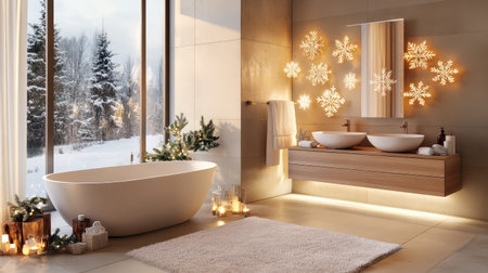 A modern bathroom featuring a freestanding tub, dual sinks, and elegant wooden accents, set against a tranquil snowy landscape through large windows.の素材