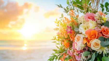 A stunning floral arrangement featuring vibrant roses and tropical blossoms, set against a serene beach at sunset, creating a peaceful atmosphere.の素材