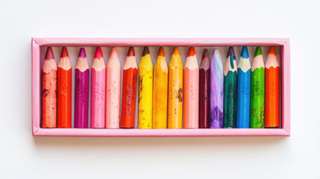 A vibrant array of colorful crayons displayed in a pink box, perfect for inspiring creativity in art and design. Ideal for educational settings, kidsの素材