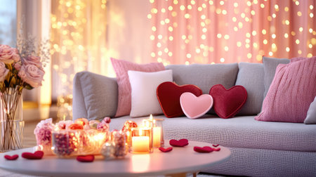 A beautifully arranged living room featuring heart-shaped cushions, soft lighting, and decorative candles, creating a warm and romantic atmosphere perfect for celebrations.の素材