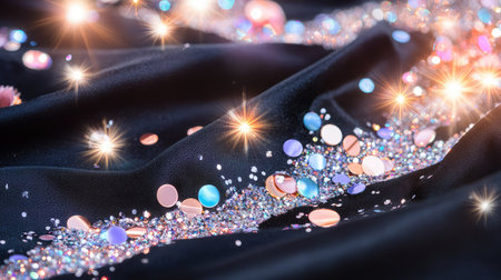 A stunning close-up of sparkling glitter and colorful rhinestones scattered across luxurious black satin fabric. Perfect for festive themes and creative projects.の素材
