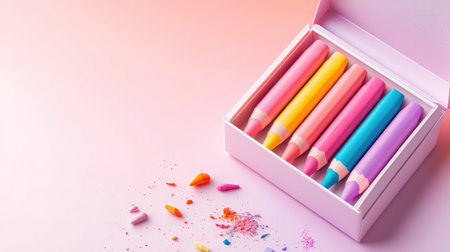 A beautiful arrangement of vibrant crayons in a white box, resting on a soft pink background with colorful shavings, showcasing creativity and fun.の素材