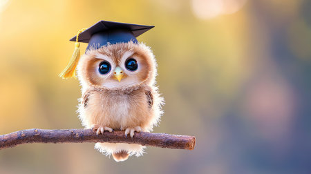 This adorable baby owl, wearing a graduation cap, perches on a tree branch, embodying the spirit of achievement and joy in nature.の素材