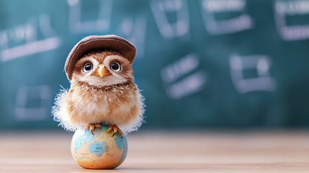 This delightful image features a cute owl character wearing a stylish hat, perched on a globe, set against an educational backdrop. Perfect for conveying fun and creativity in learning.の素材