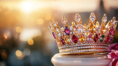 This stunning crown adorned with colorful gemstones captures the essence of elegance and beauty, radiating luxury in soft sunset light.の素材