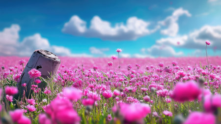 A breathtaking view of a vibrant spring meadow filled with an abundance of pink flowers, set under a clear blue sky adorned with fluffy white clouds.の素材
