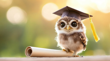 This charming image features a cute owl wearing a graduation cap, sitting next to a rolled diploma, symbolizing academic success and joy in a natural setting.の素材